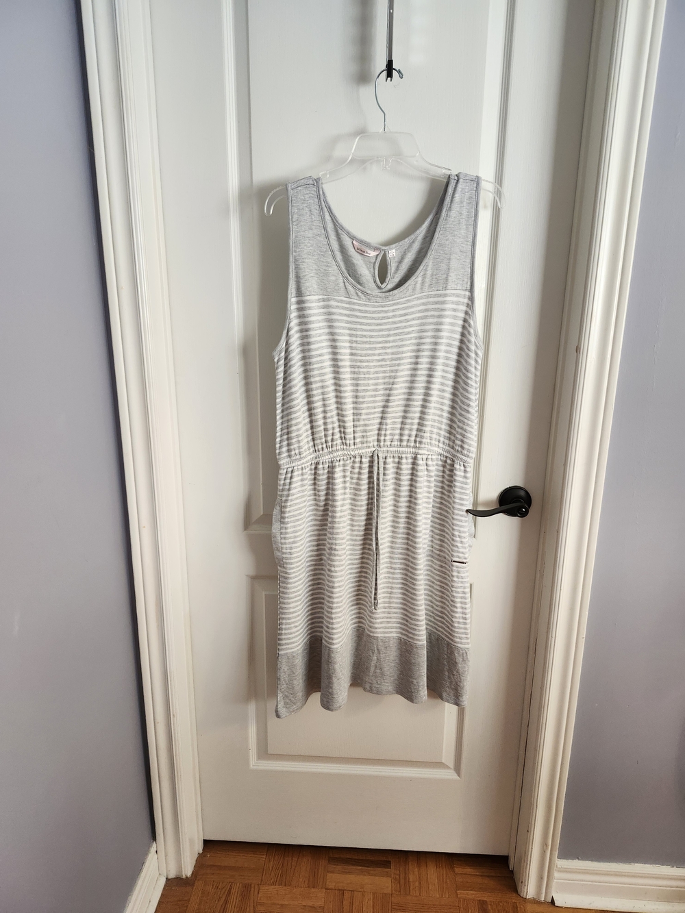 Gray & White Striped Sleeveless Elastic Waist Dress